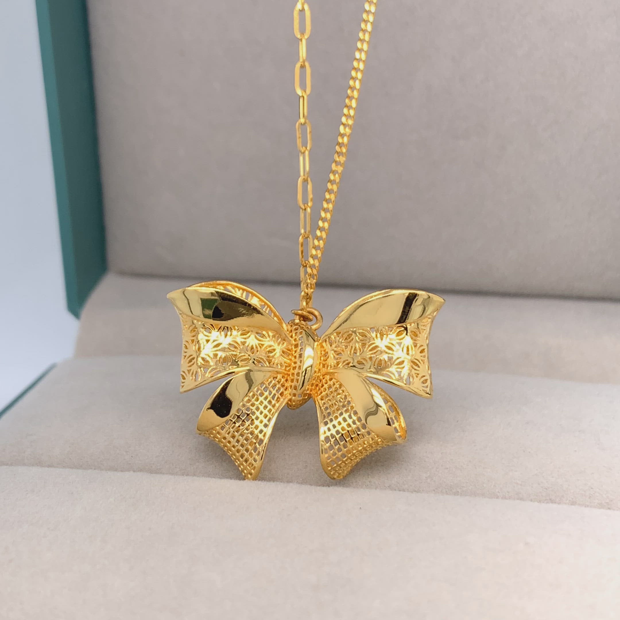 New 999 24K Yellow Gold Pendant Women 3D Gold Sweet Bow Necklace