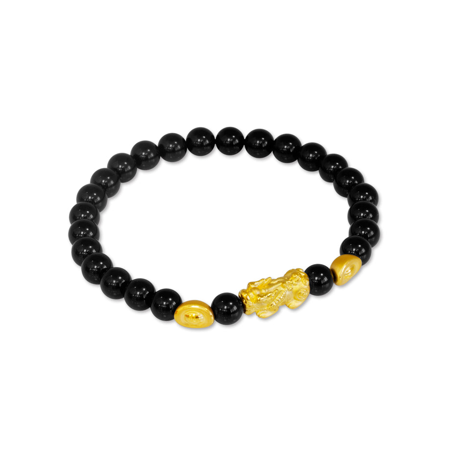 Chow Tai Fook 999 Pure 24K Gold Bracelet- Gold Pixiu and Ingot with Agate  Marble Bracelet