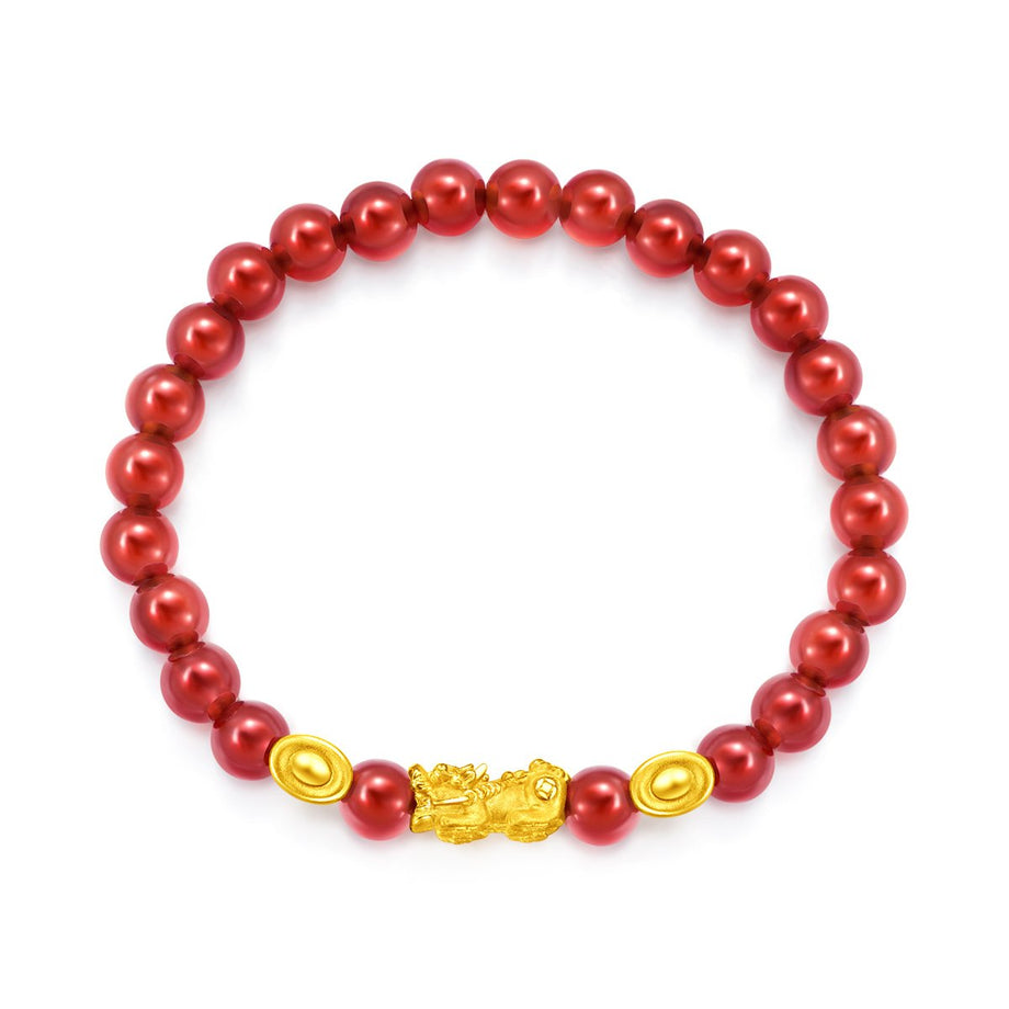 Chow Tai Fook 999 Pure 24K Gold Bracelet- Gold Pixiu and Ingot with Agate  Marble Bracelet